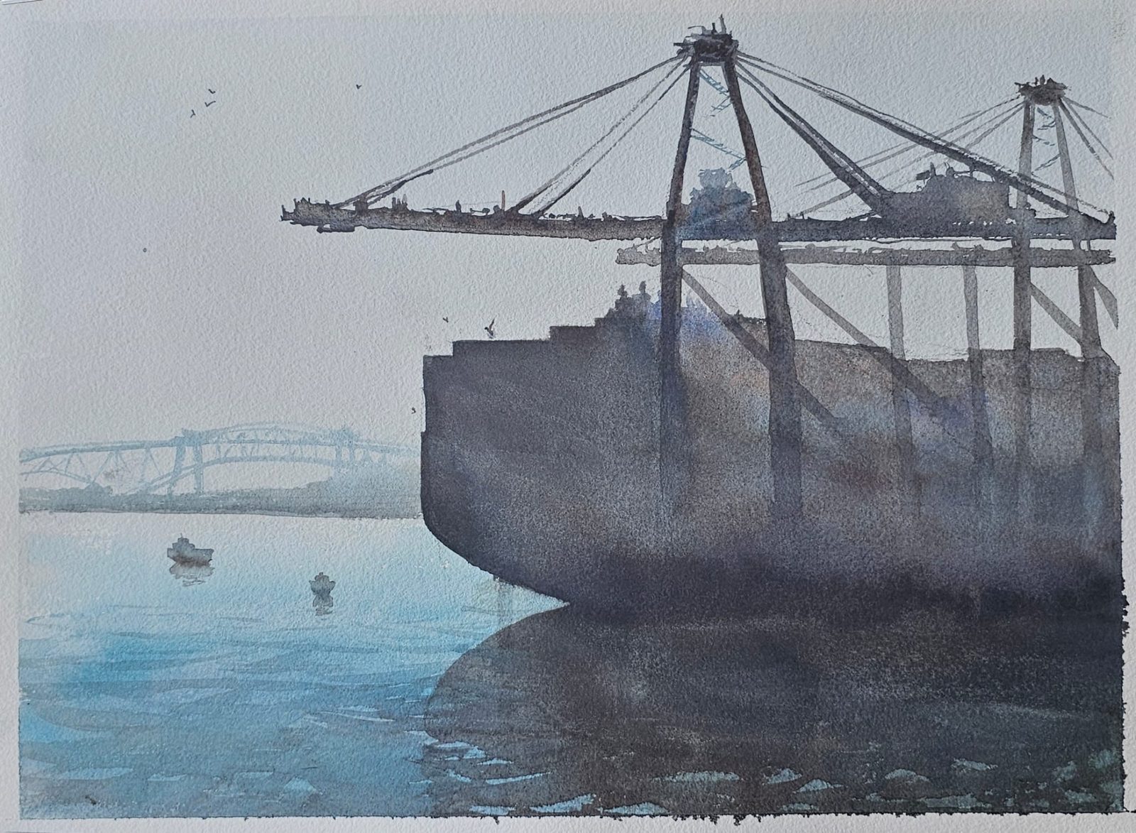 Moody watercolour of harbour gantry cranes silhouetted over calm water