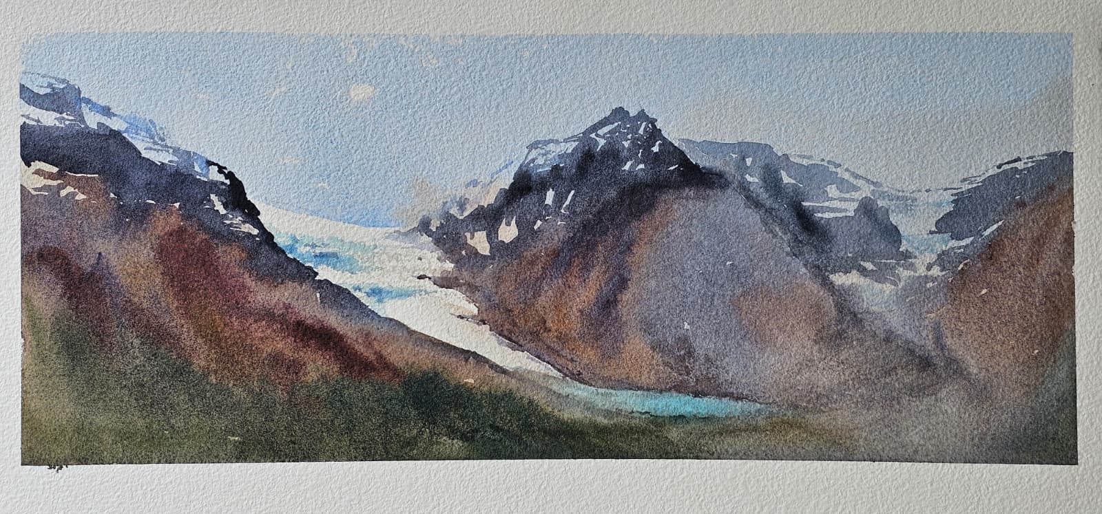 Panoramic watercolour of snow-capped mountains, a glacier, and a warm rocky foreground