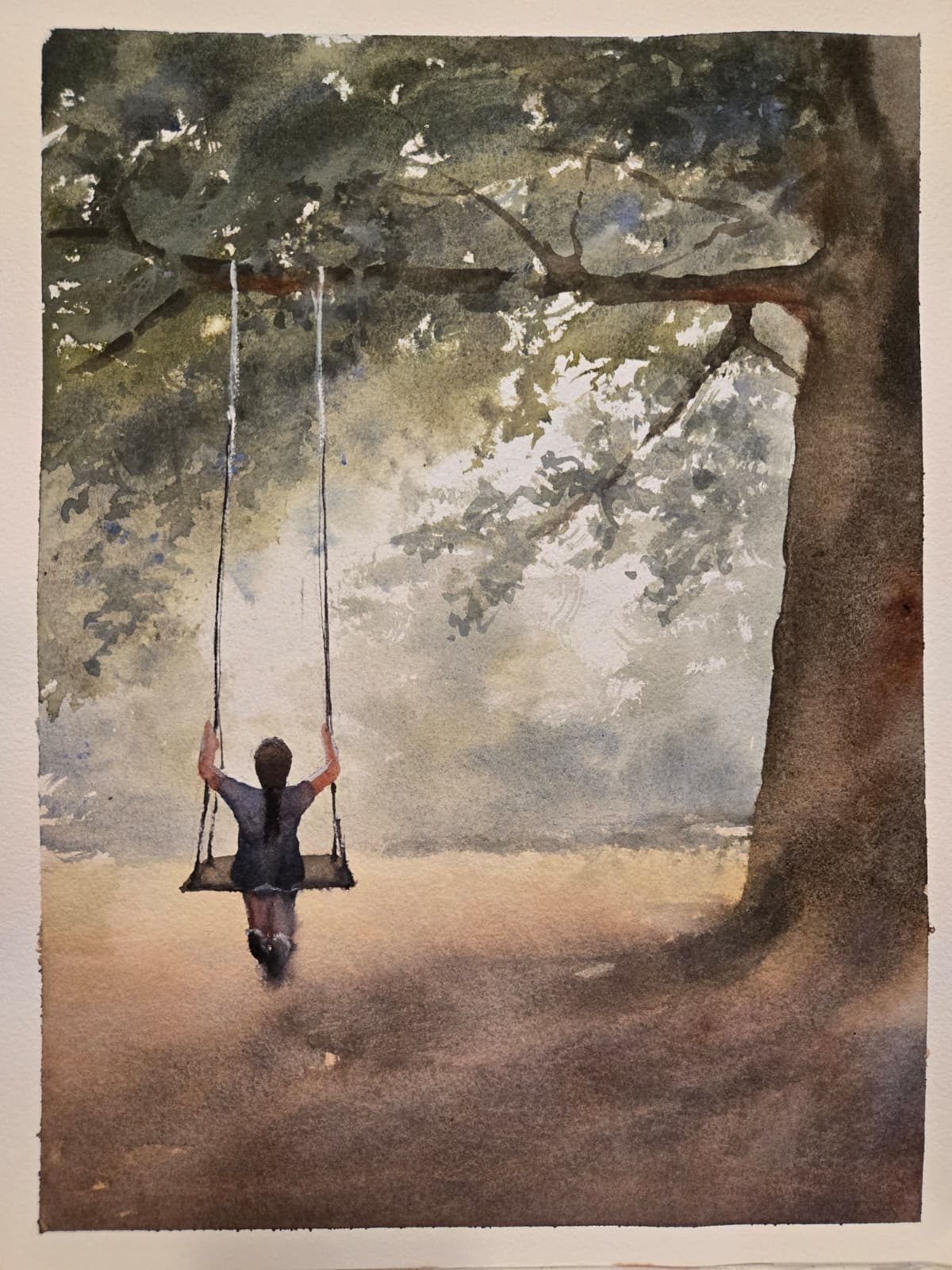 Watercolour of a child on a rope swing beneath a large tree in warm earth tones