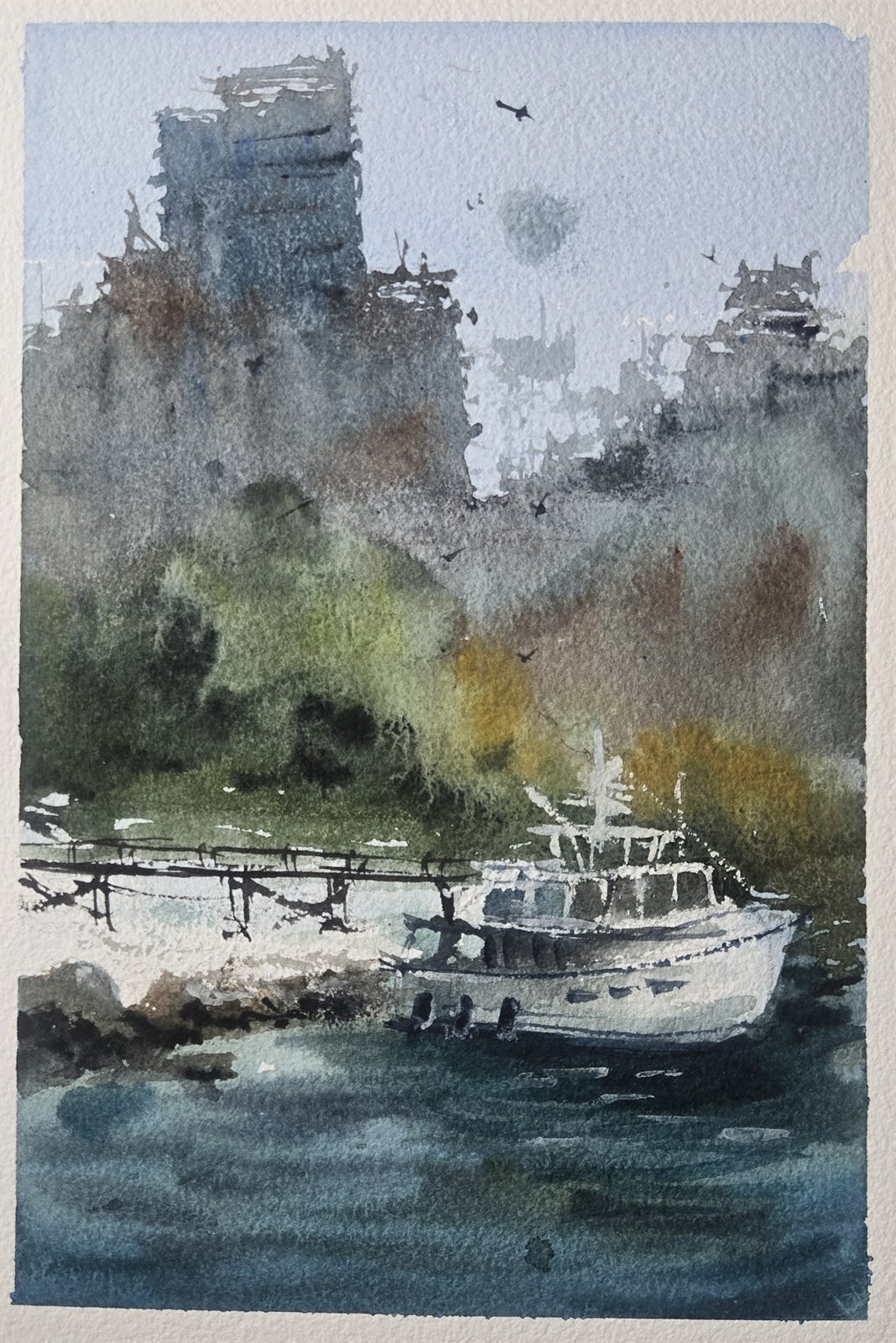 Atmospheric vertical watercolour of a small boat moored below misty harbour buildings and birds