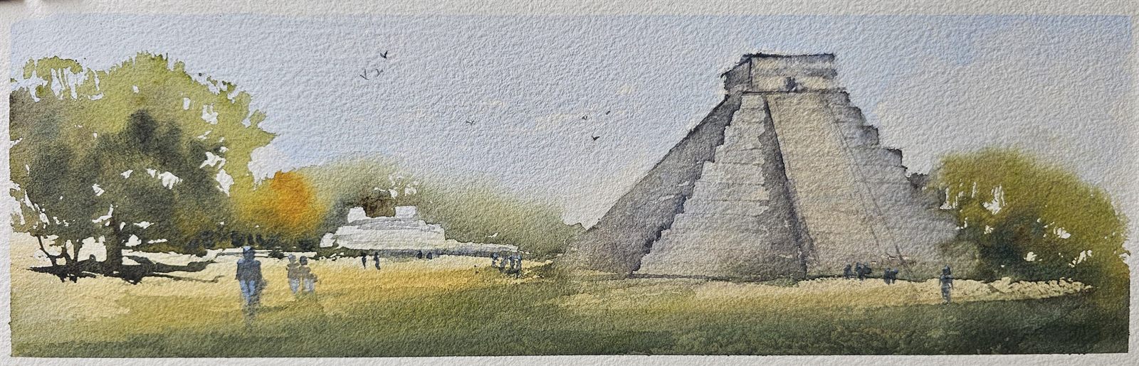 Panoramic watercolour of ancient stone pyramids and small figures in warm afternoon light