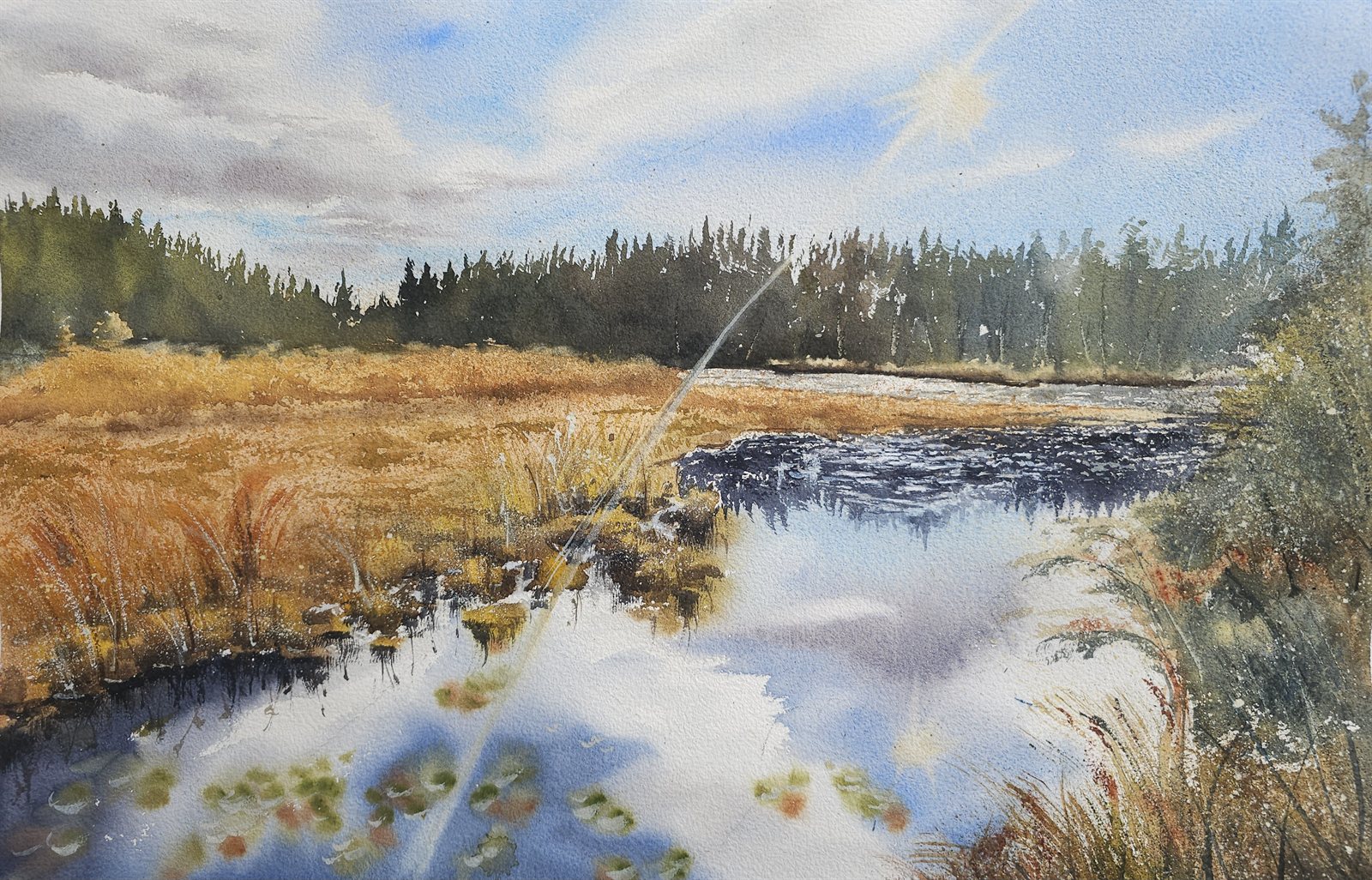 Watercolour of Beaver Lake in Stanley Park with warm autumn reflections