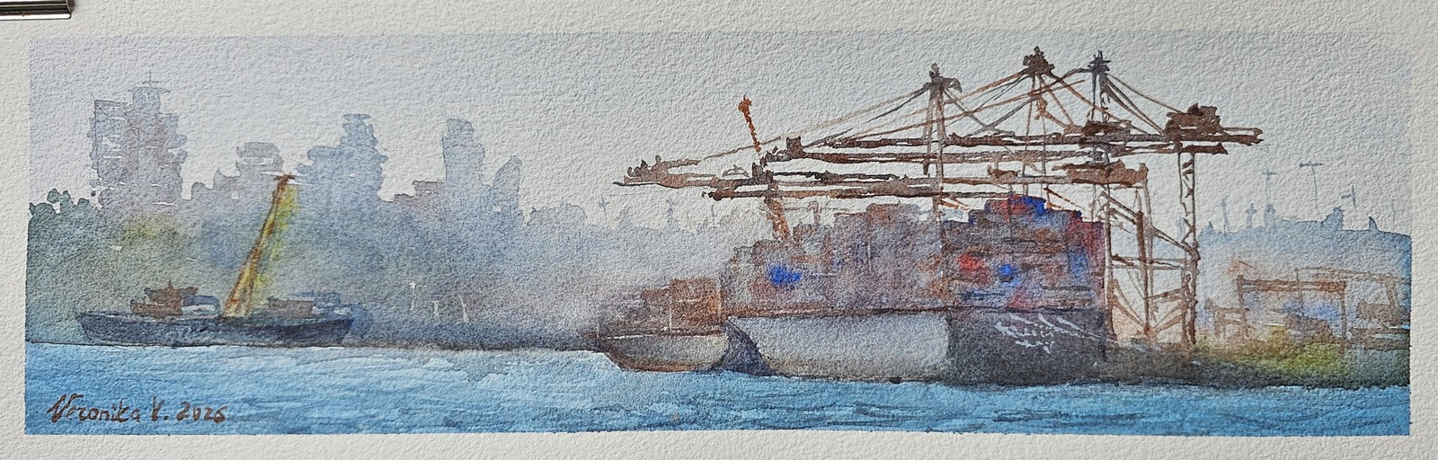 Panoramic watercolour of Vancouver harbour with container cranes, a cargo ship, blue water, and a hazy city skyline