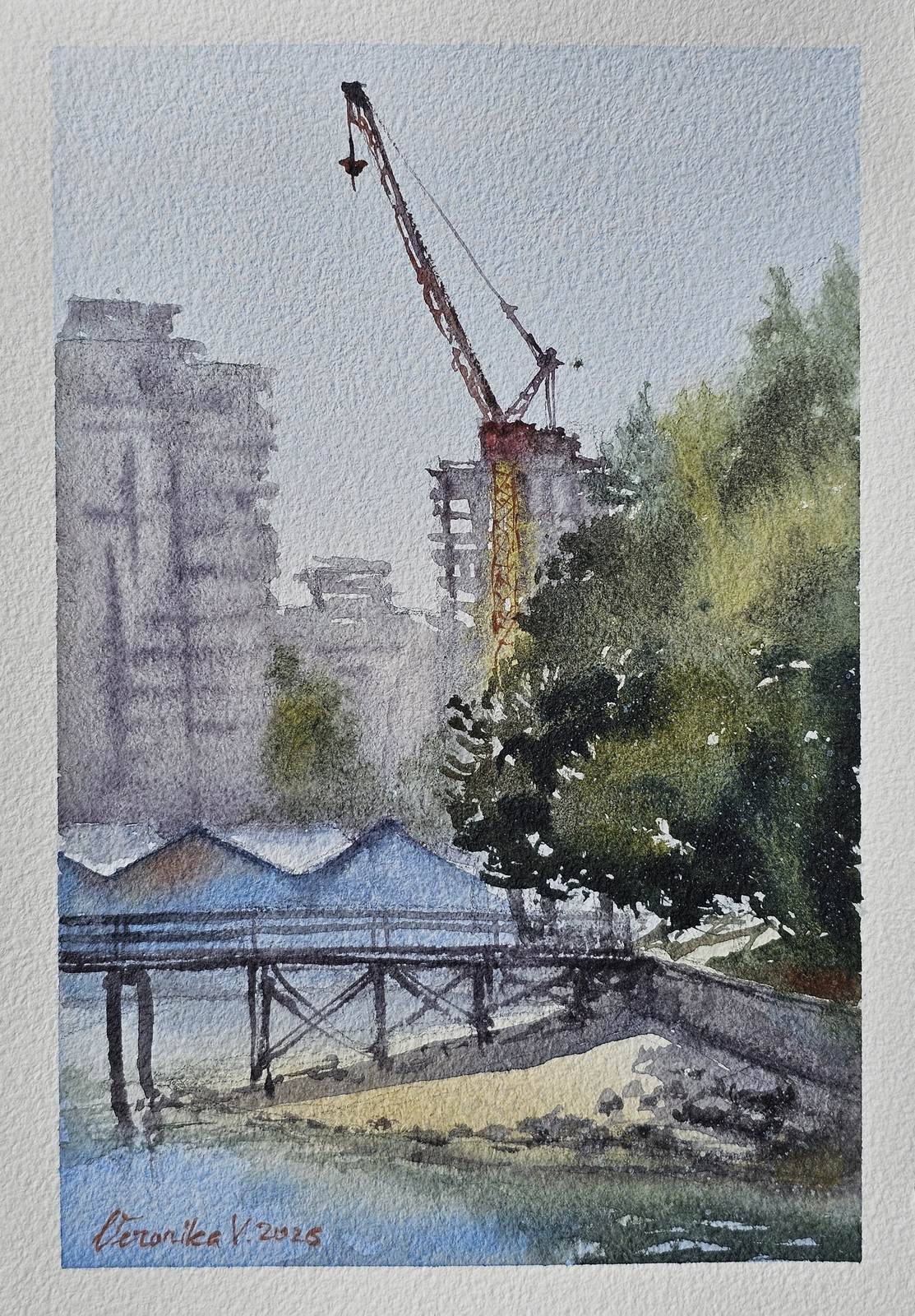 Vertical watercolour of a construction crane rising between city buildings and dense green trees