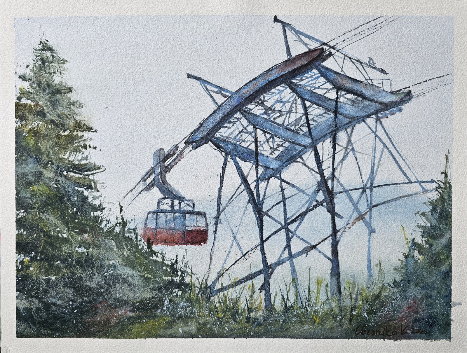 Watercolour of a red gondola suspended beneath angular blue lift towers and cables among evergreen trees